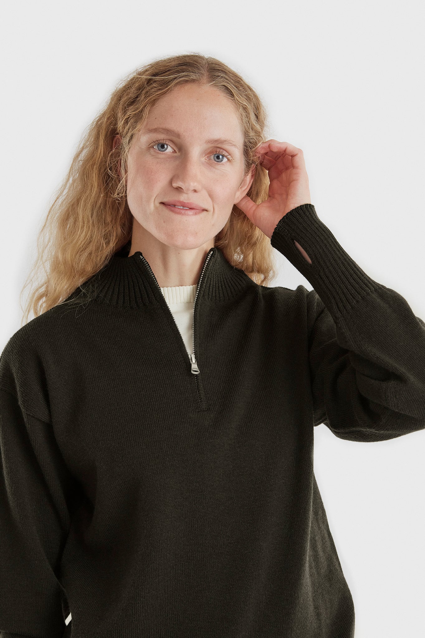 Amalie wearing Seaman Half-Zip in Hunting Green